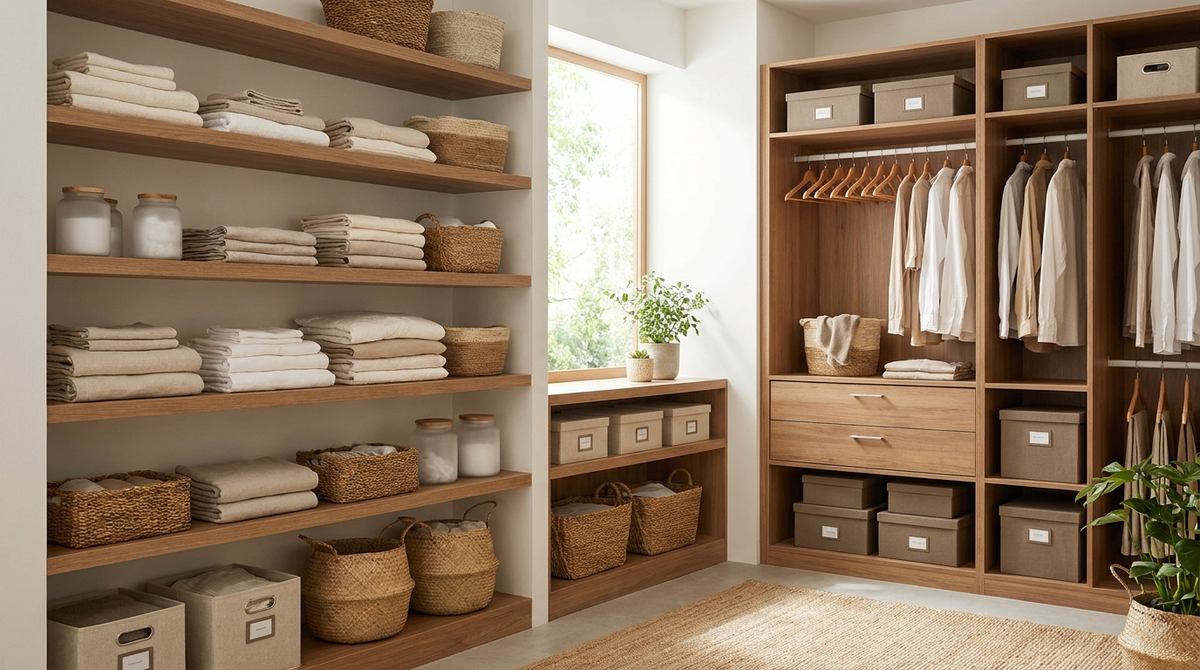 Beautifully organized shelving with baskets and bins