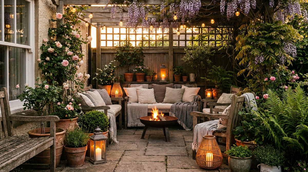 Cozy garden patio at golden hour with plants and warm lanterns