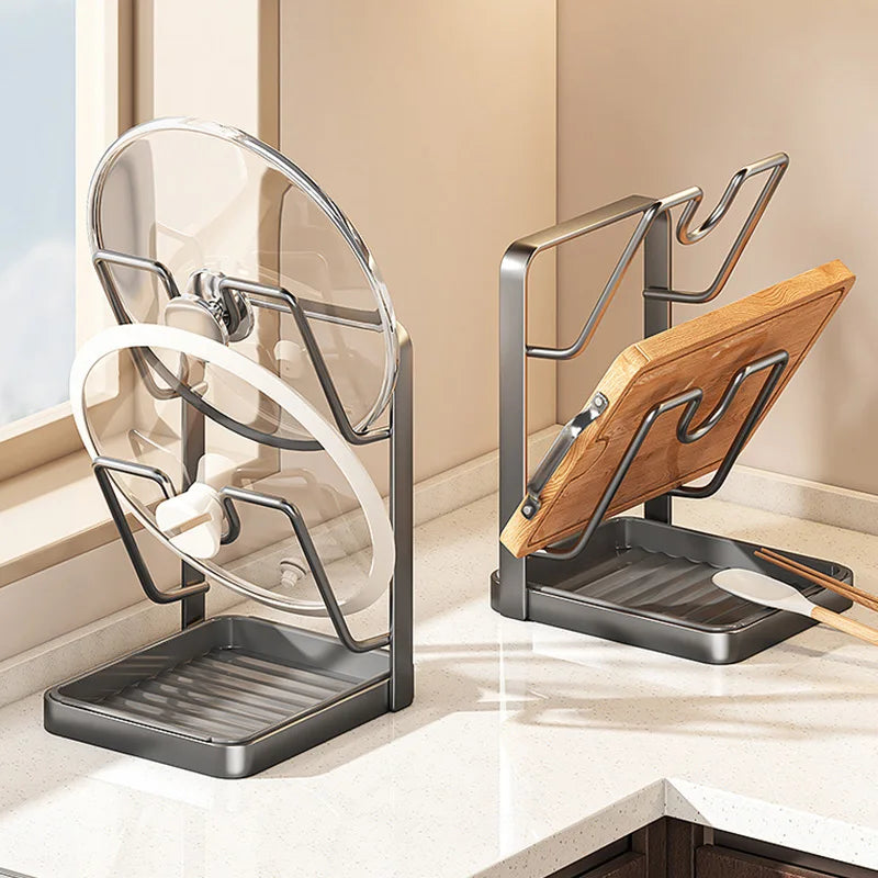 Pot Lid Organizer Rack with Drip Tray — No-Drill Countertop Pot & Pan Lid Holder