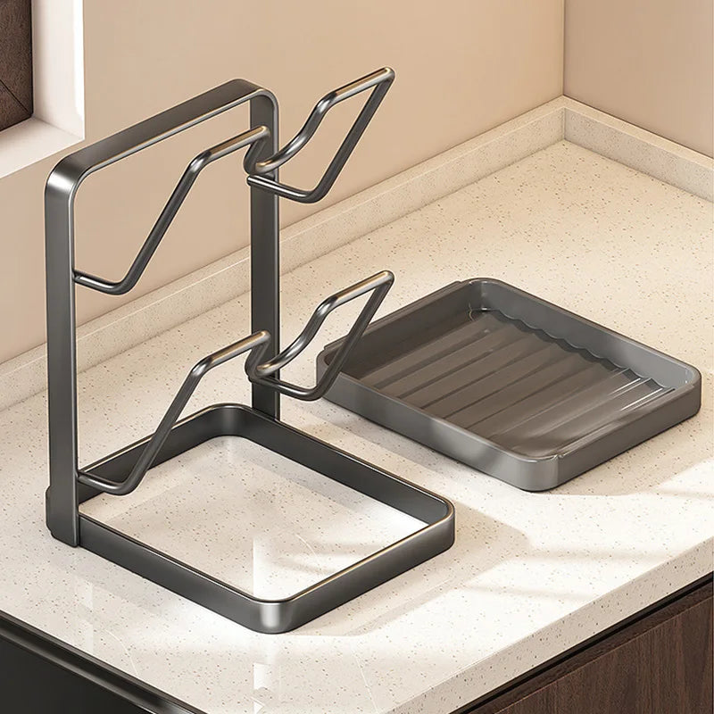 Pot Lid Organizer Rack with Drip Tray — No-Drill Countertop Pot & Pan Lid Holder