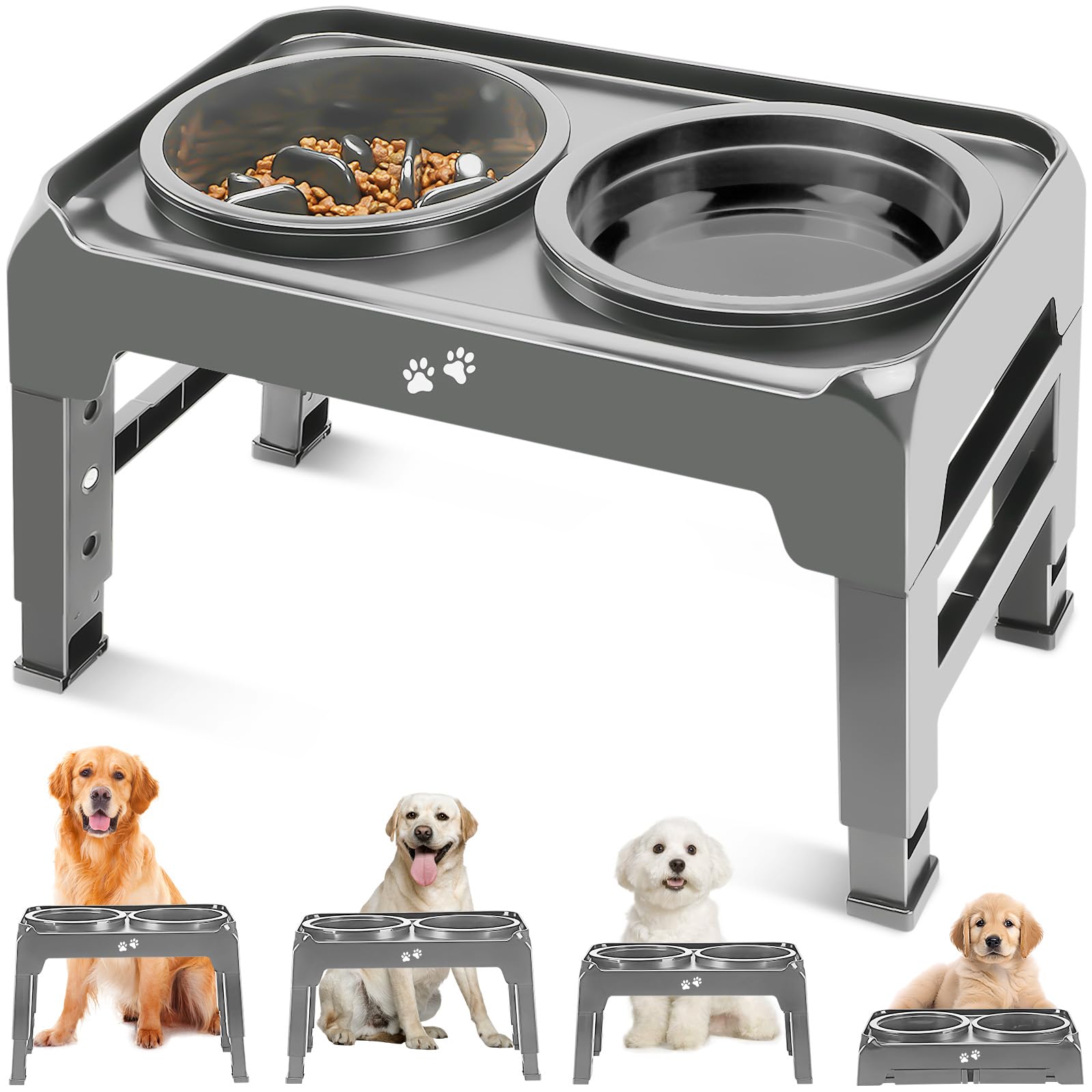 Elevated Dog Bowl Stand — Adjustable-Height Raised Feeder with Slow-Feed & Water Bowls