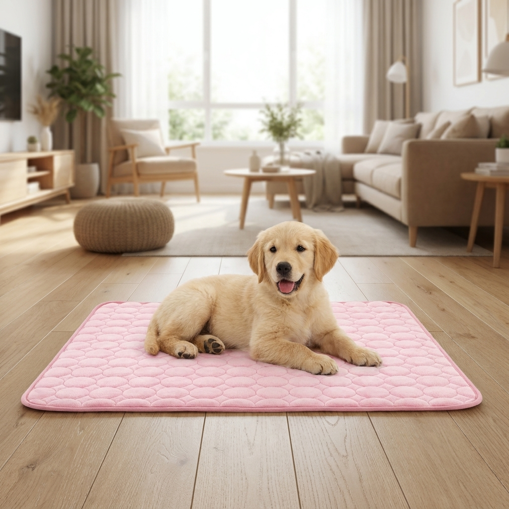 Pet cooling mat in a bright modern living room with a calm dog resting on it