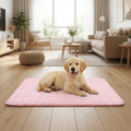 Pet cooling mat in a bright modern living room with a calm dog resting on it
