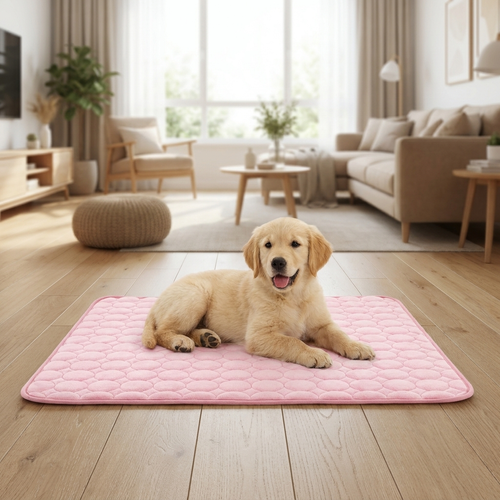 Pet cooling mat in a bright modern living room with a calm dog resting on it