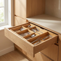 Expandable bamboo drawer organizer with neatly arranged utensils in a kitchen drawer