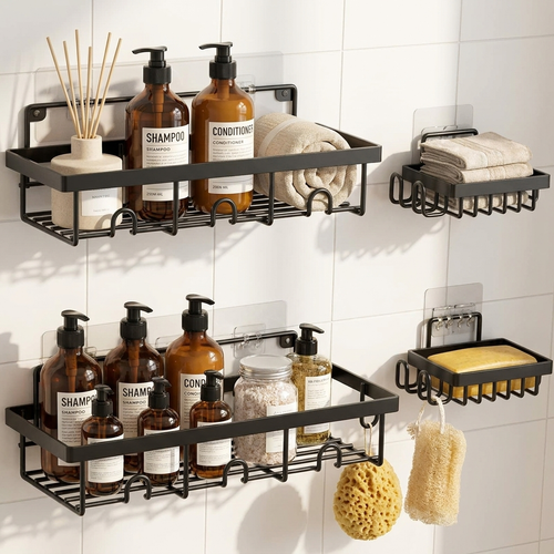 No-drill adhesive shower shelves mounted on a clean tiled bathroom wall