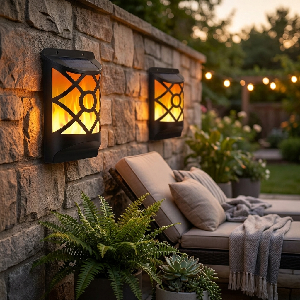Solar flame wall lights glowing warmly on a garden patio at dusk