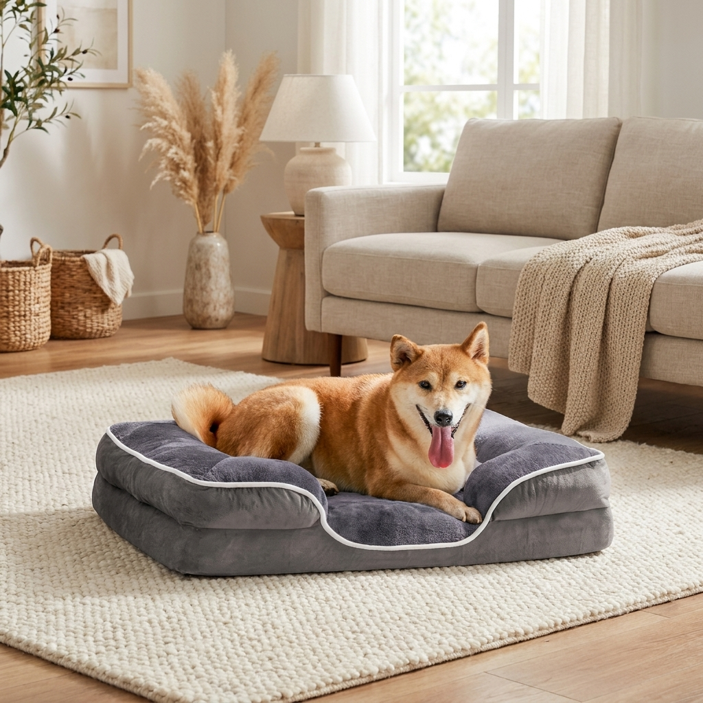 Orthopedic memory foam dog bed styled in a cozy modern living room