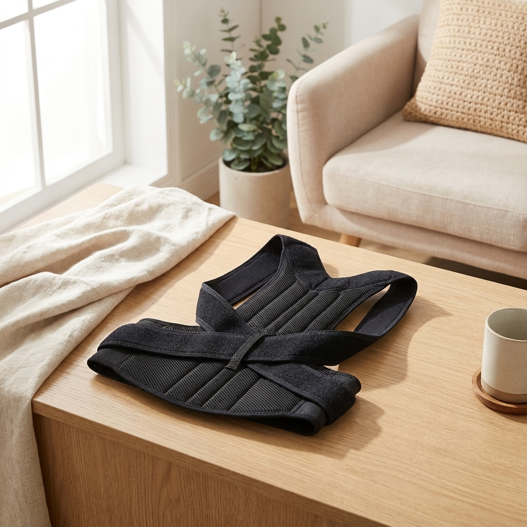 Posture Corrector Back Brace in a calm bright wellness home office