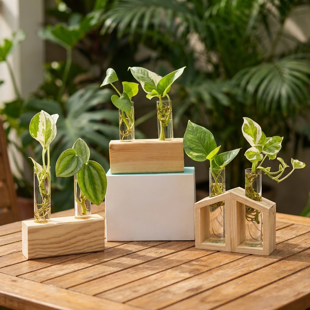 Glass tube plant propagation station styled on a sunlit patio