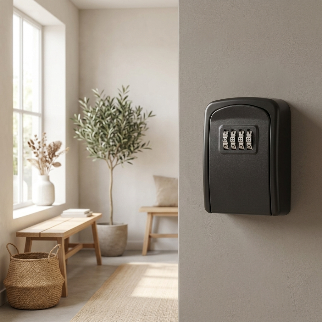 Secret Lock Box Key Holder styled at a bright modern home entryway