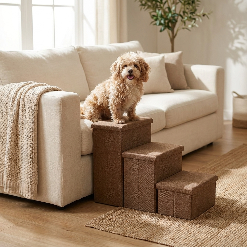 Collapsible Pet Stairs styled in a cozy living room
