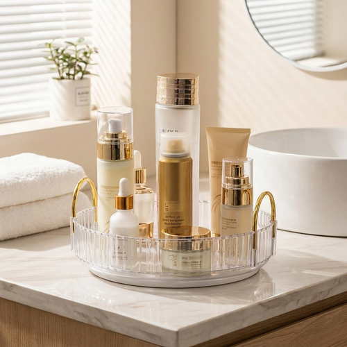 360 rotating vanity organizer styled on a bright bathroom countertop