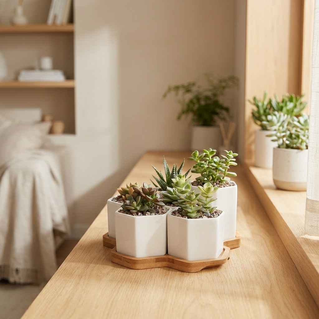 Beehive stacking planter set styled on a bright modern shelf with plants
