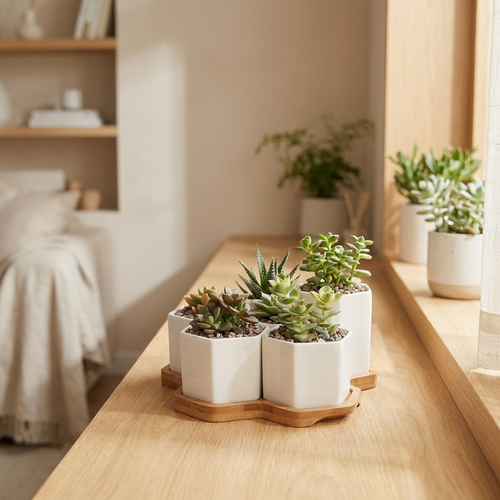 Beehive stacking planter set styled on a bright modern shelf with plants