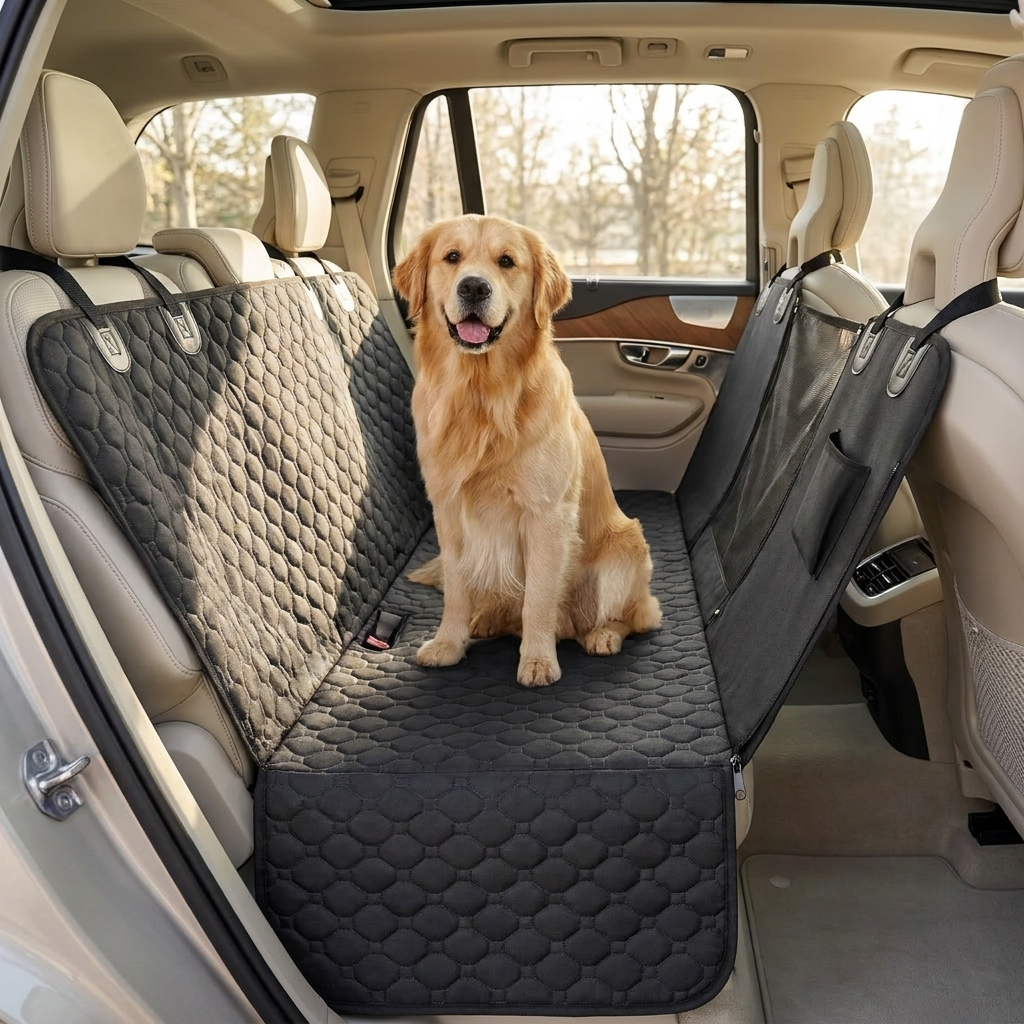 Dog car hammock installed in a bright modern SUV with a dog