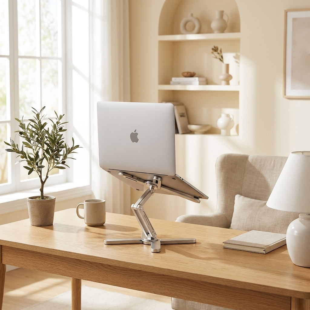 Aluminum folding laptop stand styled on a bright modern home-office desk