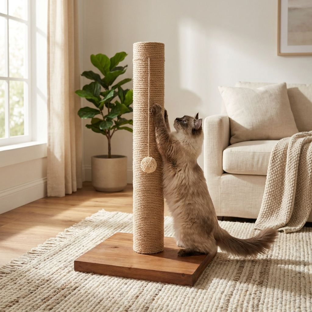 Solid wood cat scratching post styled in a cozy modern living room with a cat