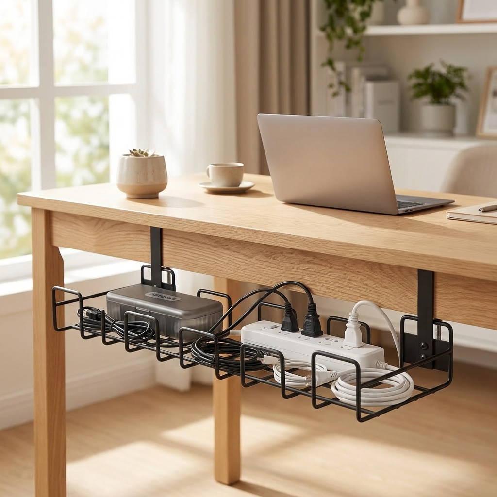 Under-desk cable management tray mounted in a bright modern home office