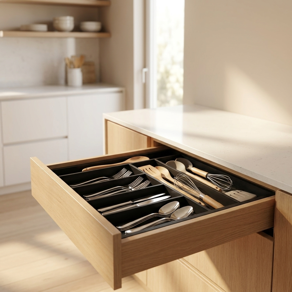 Bamboo drawer organizer with cutlery in a bright modern kitchen