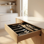 Bamboo drawer organizer with cutlery in a bright modern kitchen