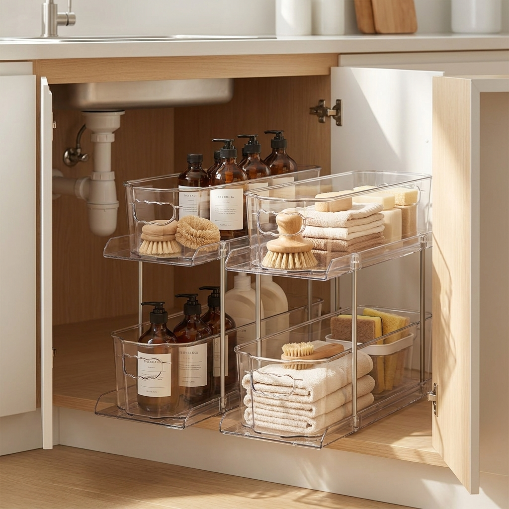 Deep under-sink pull-out organizers installed in a bright tidy home cabinet