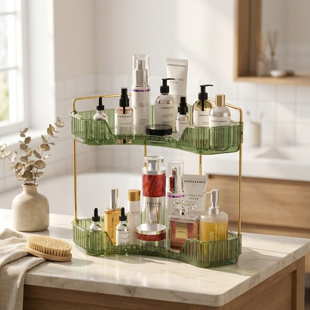 2-tier corner organizer styled on a bright modern bathroom vanity