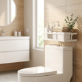 Over-the-toilet storage shelf styled in a bright modern bathroom