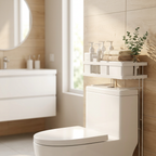 Over-the-toilet storage shelf styled in a bright modern bathroom