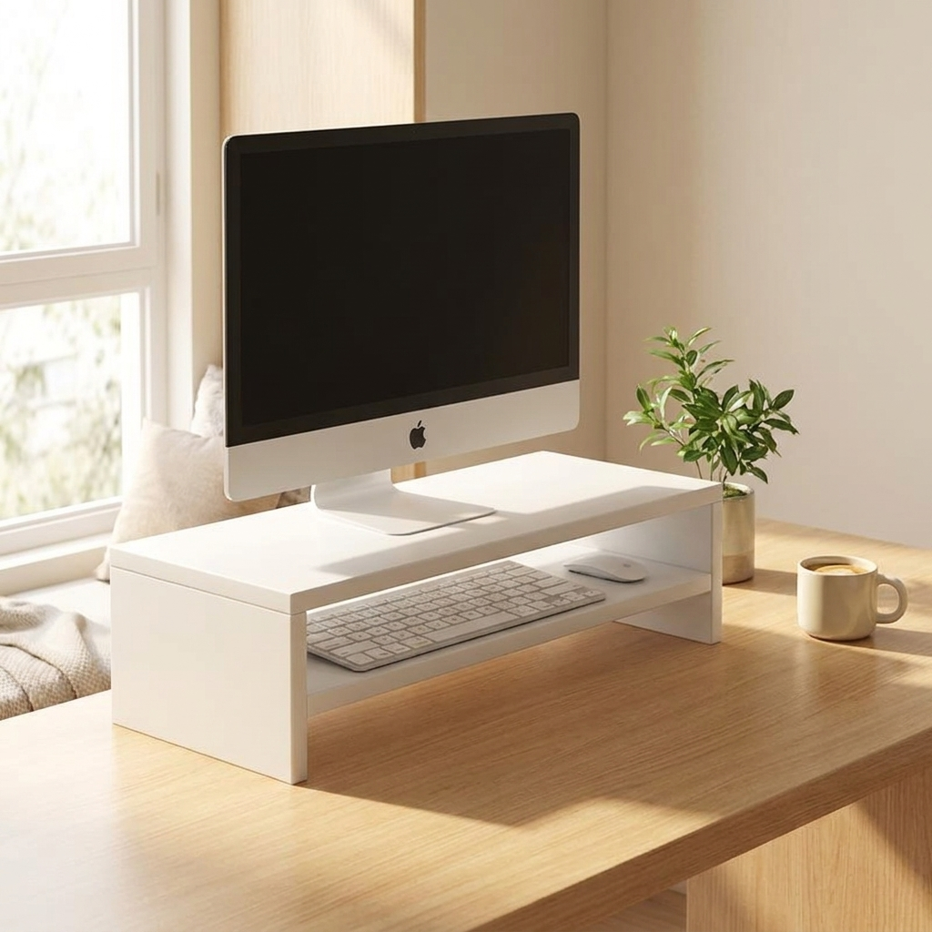 Wood monitor riser styled on a bright modern home-office desk