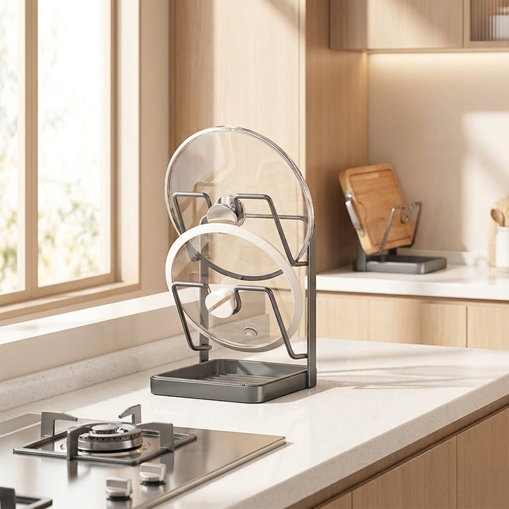 Pot lid organizer rack styled on a bright modern kitchen counter