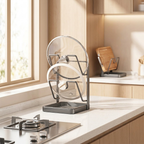 Pot lid organizer rack styled on a bright modern kitchen counter