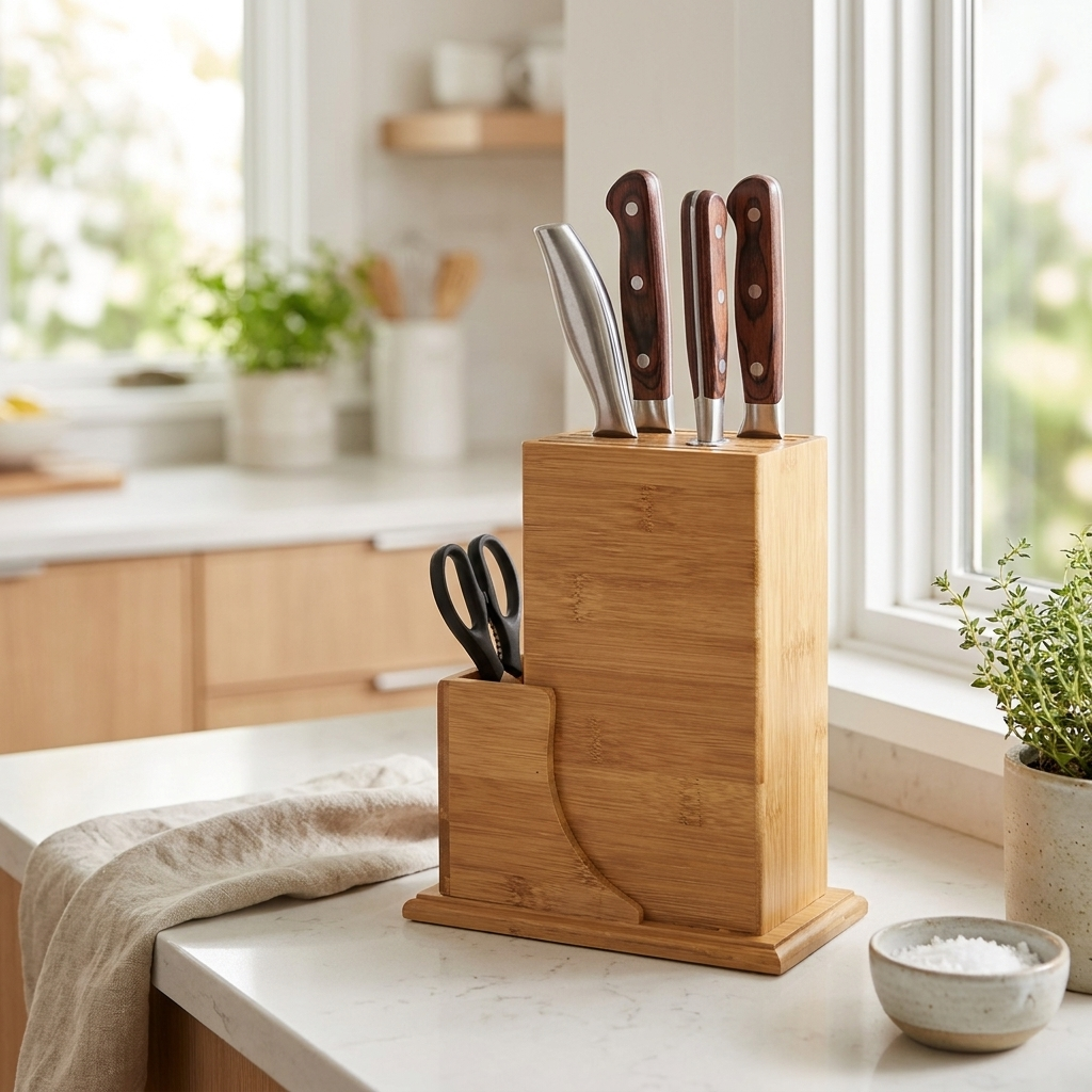 Bamboo knife block styled on a bright modern kitchen counter