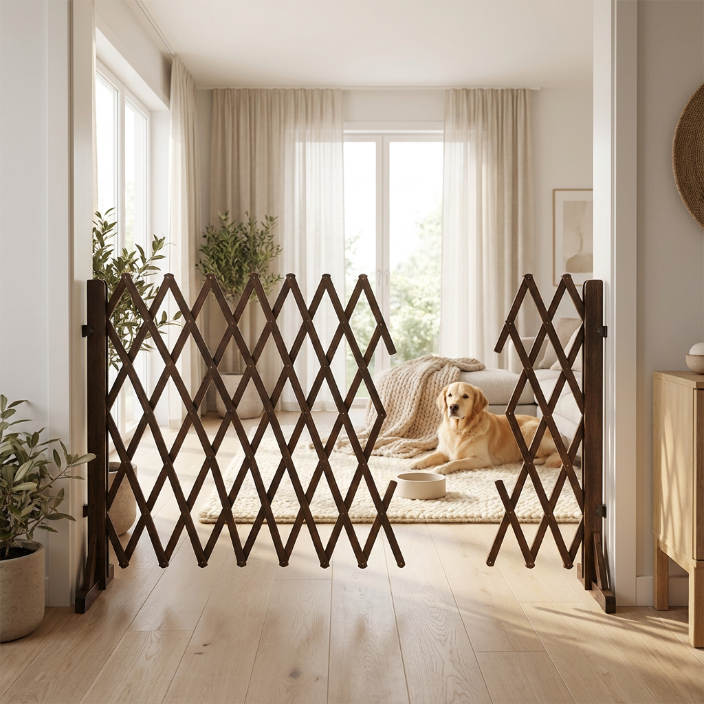 Retractable wooden pet gate in a bright modern home doorway