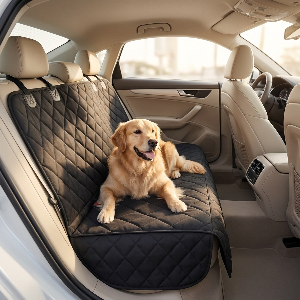 Dog car seat cover hammock installed in a bright modern car with a calm dog resting on it