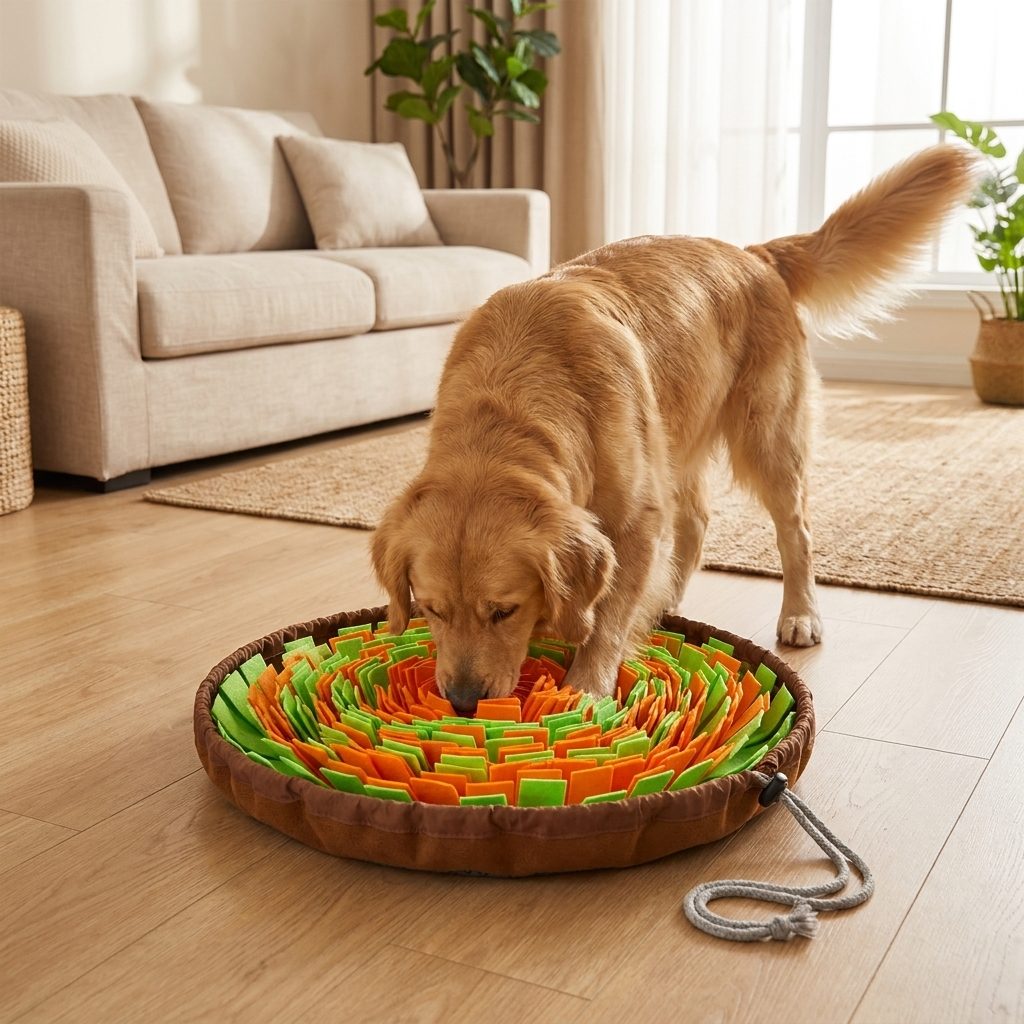 Dog snuffle mat in a bright living room with a happy dog foraging for treats
