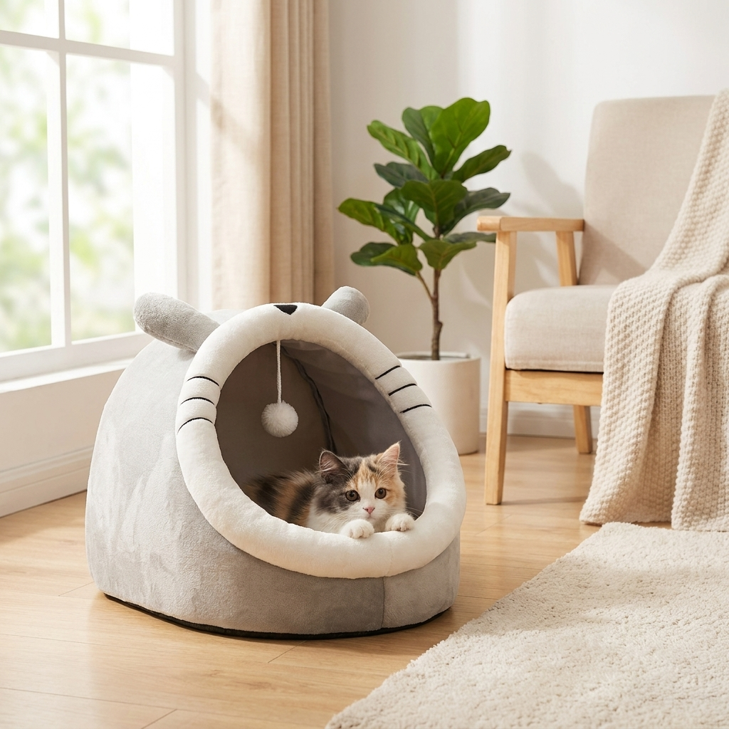 Pet teepee cave bed in a cozy bright living room with a pet peeking from inside