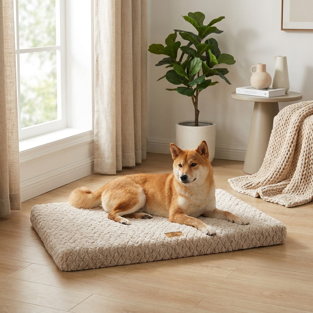 Orthopedic memory foam dog bed styled in a cozy modern living room