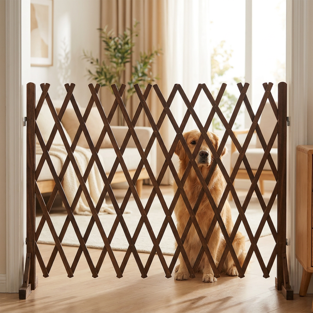 Retractable wooden pet gate standing upright across a bright living-room doorway