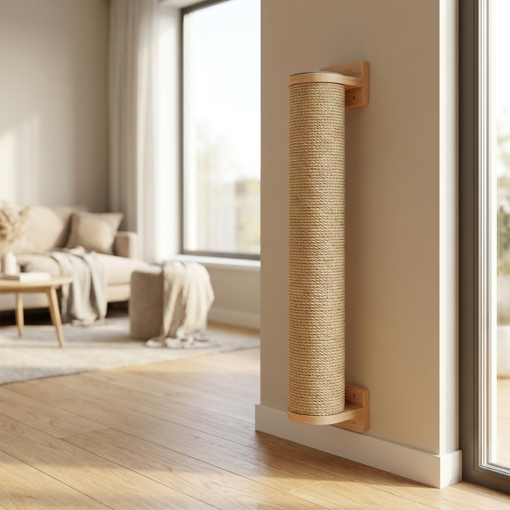 Wall-mounted sisal cat scratching post drilled into the wall in a modern home