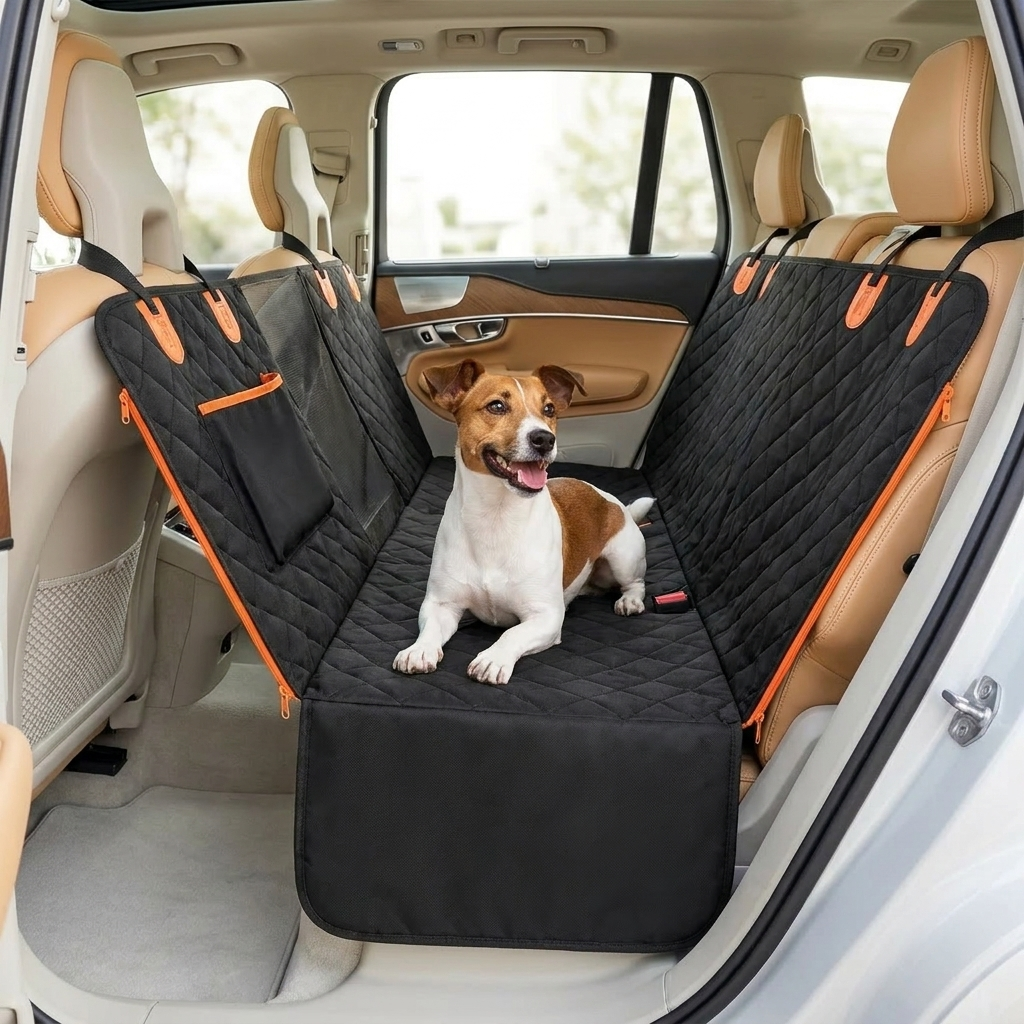 Dog resting on convertible car seat hammock in a bright modern SUV