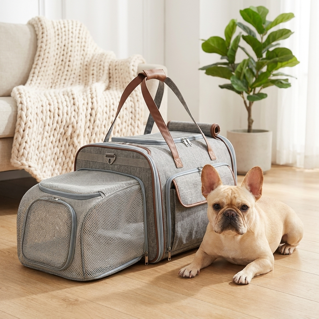 Mr. Peanut's Gold Series expandable pet carrier styled in a bright modern living room